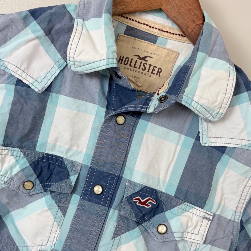 VTG Y 2KnHollister Western Shirt Mens Small Blue Plaid Pearl Snap Cotton Preppy